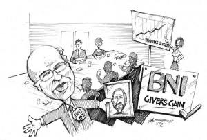 Cartoon By Darren Blomfield featuring Left - Graham Southwell, National Director, BNI New Zealand. Inside the picture frame- Dr. Ivan Misner, Founder of BNI. 